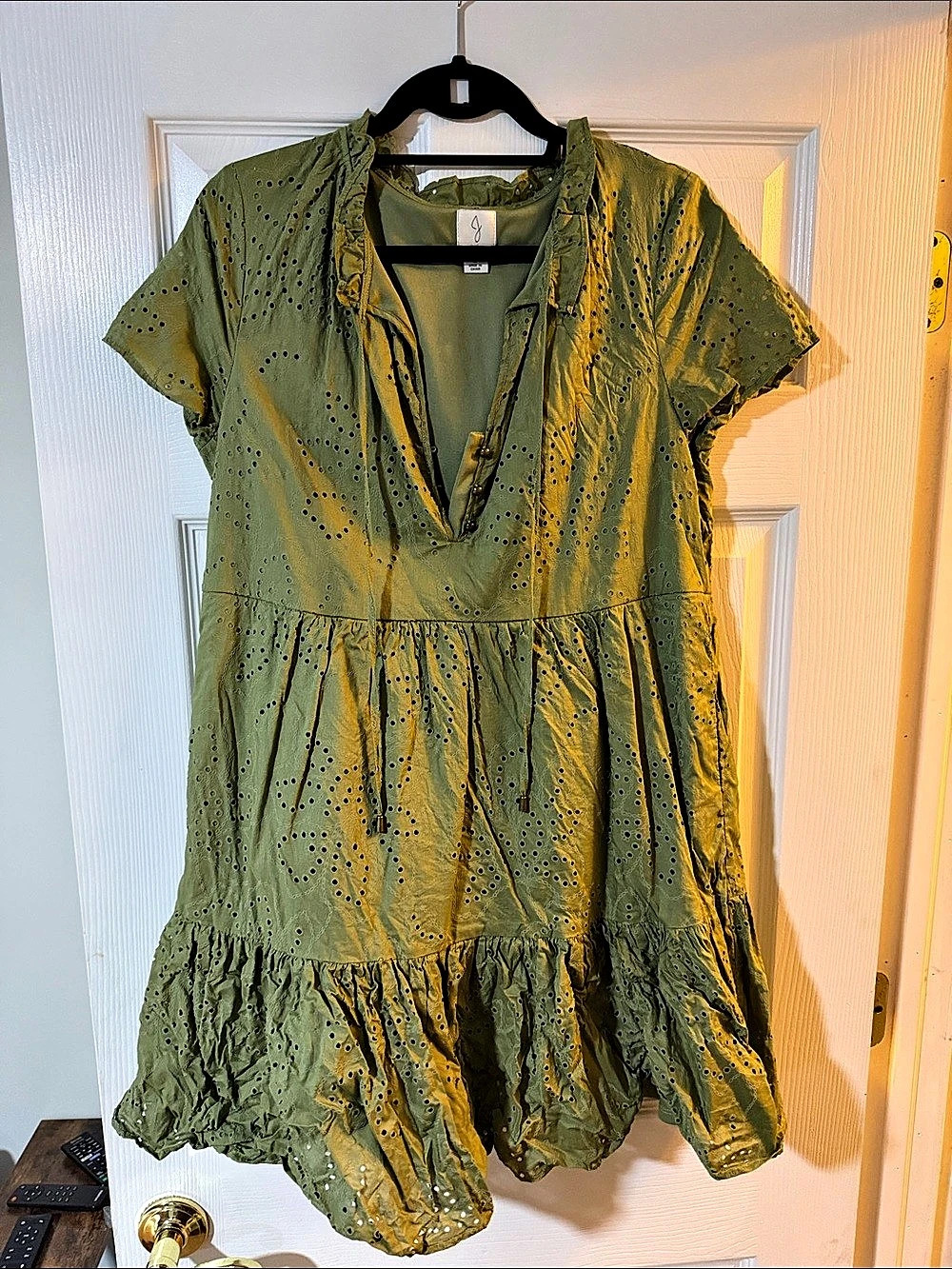 Joie Eyelet Collared Tie-Front Dress Green Mini Dress